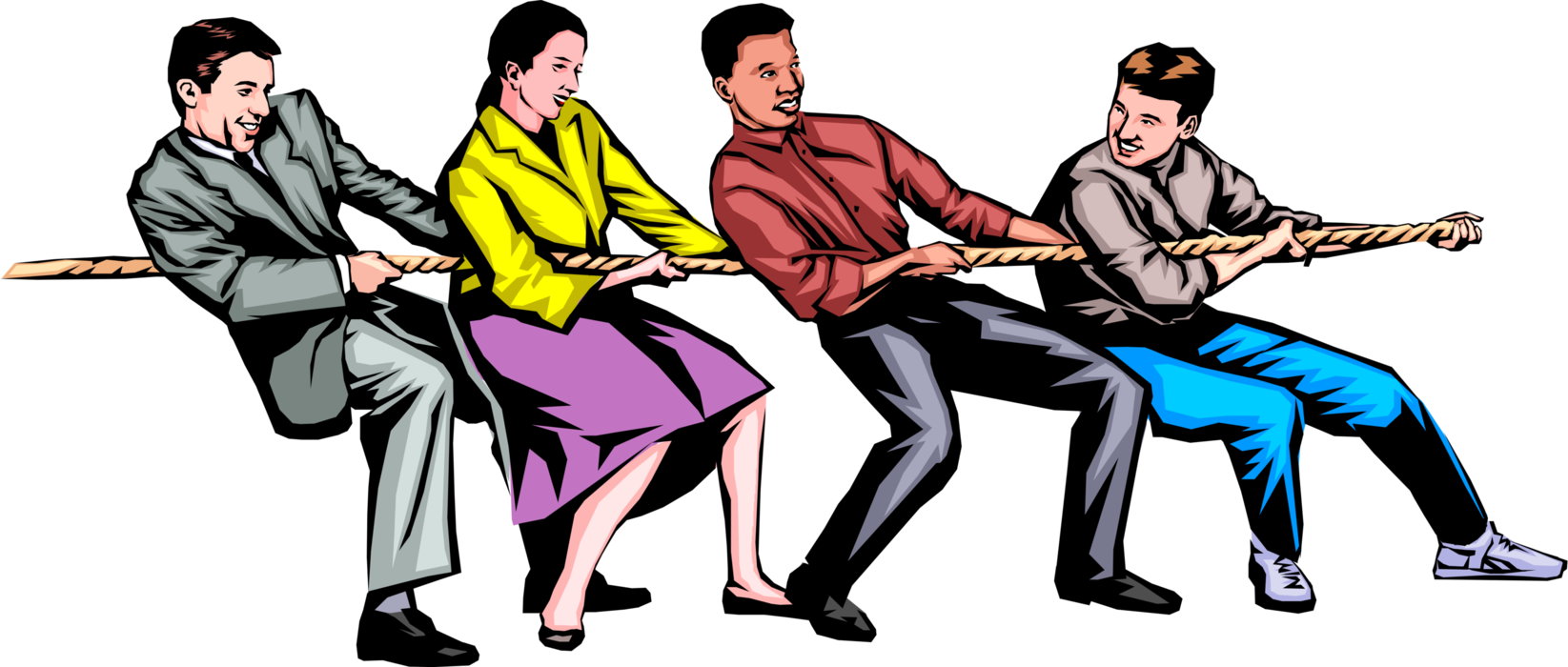 Vector Illustration of Office Colleagues in Tug-Of-War with Rope