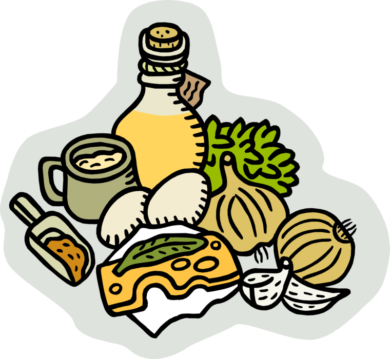 Vector Illustration of Fresh Caesar Salad Ingredients Eggs, Parmesan Cheese, Garlic, Olive Oil