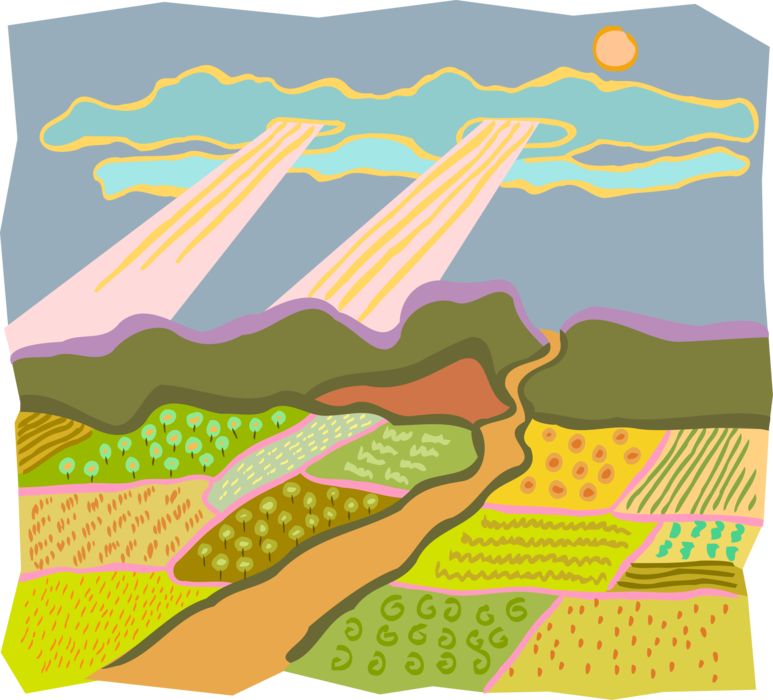 Vector Illustration of Pastoral Farmland Scene with Sun and Clouds
