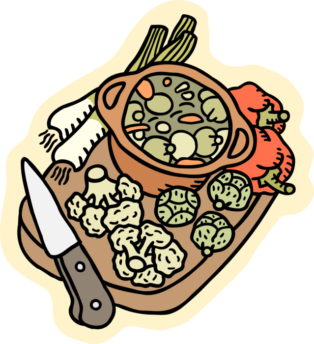 Vector Illustration of Stew Pot with Leeks, Cauliflower, Brussels Sprouts and Red Pepper Vegetables