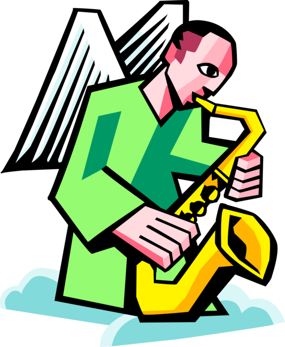 Vector Illustration of Spiritual Angel Playing Saxophone Brass Single-Reed Mouthpiece Woodwind Instrument