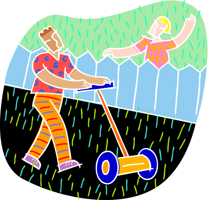Vector Illustration of Neighbor Waves While Man Cuts the Lawn with Yard Work Lawn Mower
