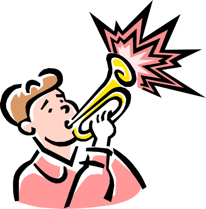 Vector Illustration of Boy Blasts Trumpet Brass Musical Instrument