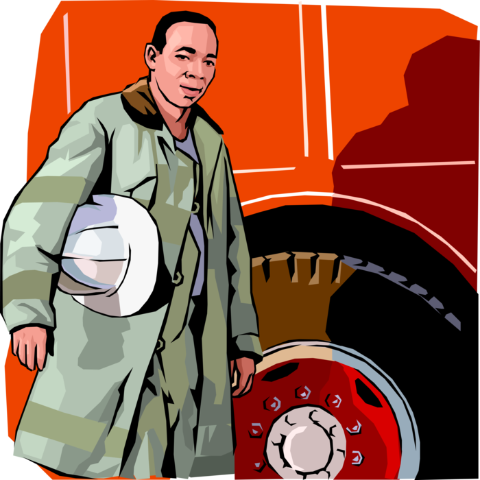 Vector Illustration of Firefighter Fireman Stands Beside Fire Engine or Fire Truck