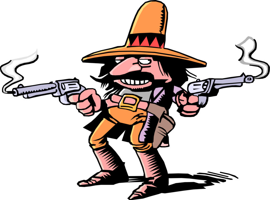 Vector Illustration of Stereotype Mexican Hombre Bandito Gunslinger with Guns