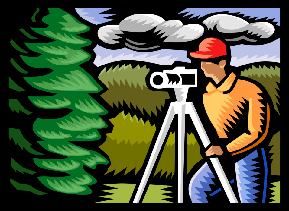 Vector Illustration of Surveyor Theodolite Determines Terrestrial Position of Points, Distances and Angles Between Them