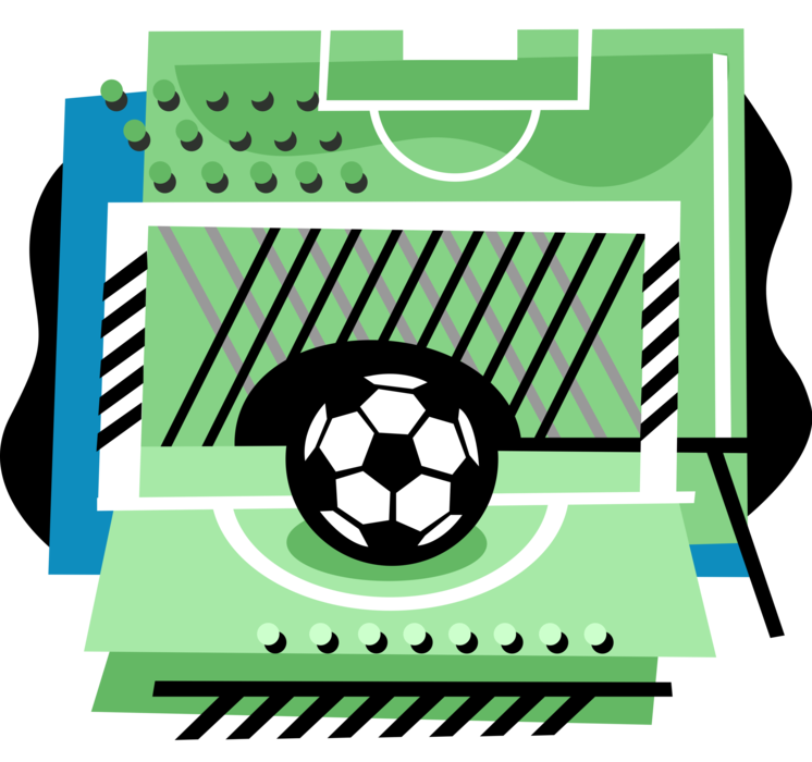 Vector Illustration of Sport of Soccer Football Game Ball and Goal Net on Pitch