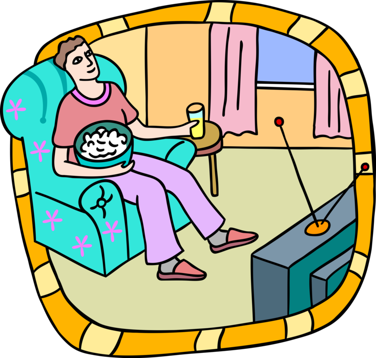 Vector Illustration of Teenager Watching Television with Popcorn and Soda