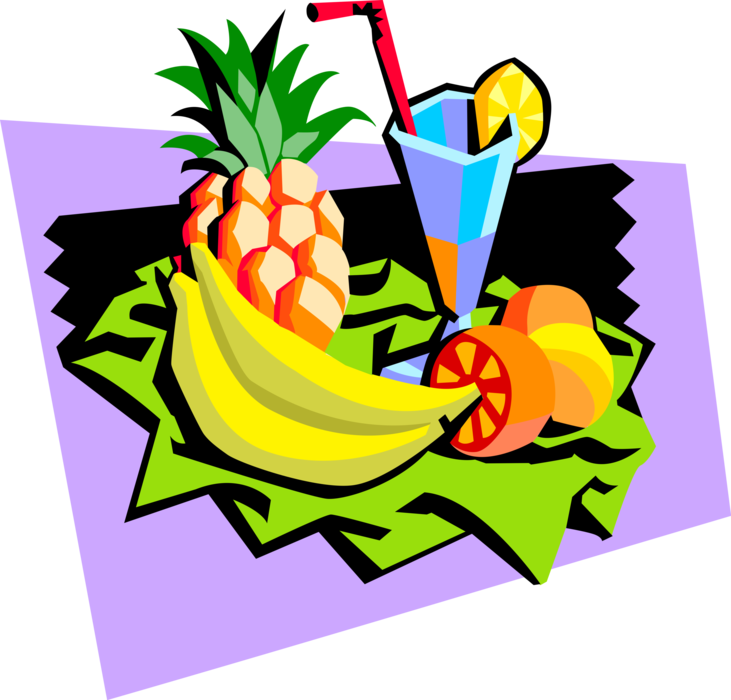 Vector Illustration of Assorted Fruits with Pineapple, Bananas and Citrus with Tropical Drinks