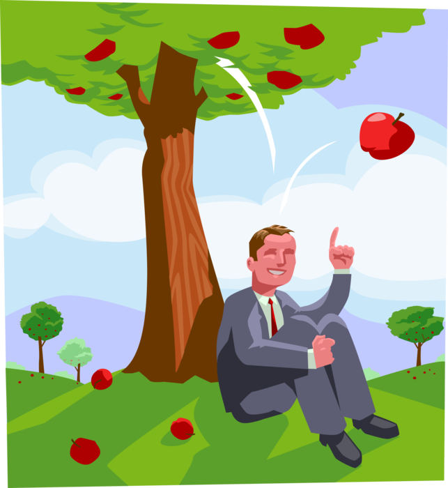 Vector Illustration of Newton's Law of Universal Gravitation with Apple Falling on Businessman's Head