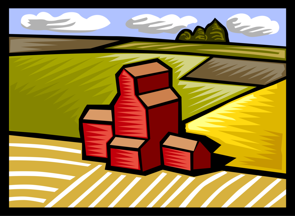 Vector Illustration of Grain Elevators on Prairies Surrounded by Wheat Fields