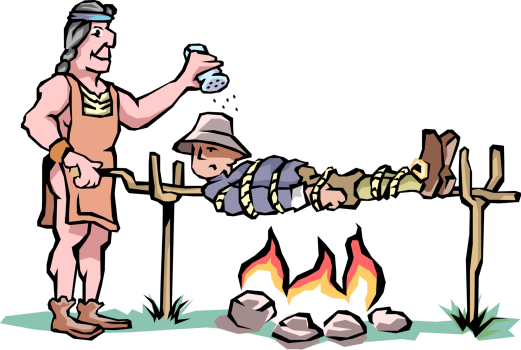 Vector Illustration of Cannibal Dinner Barbecued on an Open Flame Fire