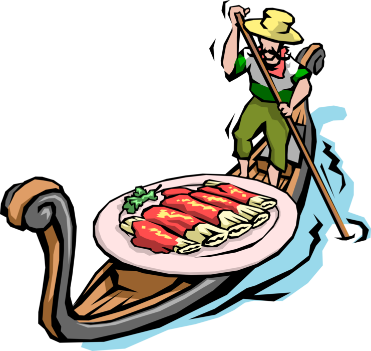 Vector Illustration of Italian Cuisine Chef in Gondola with Fresh Pasta Cannelloni Dinner