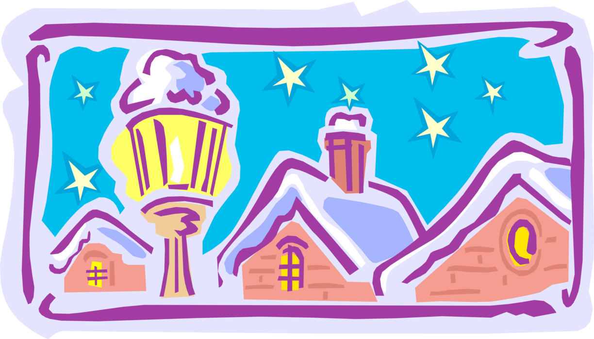 Vector Illustration of Streetlamp in Town with Homes on Winter Night