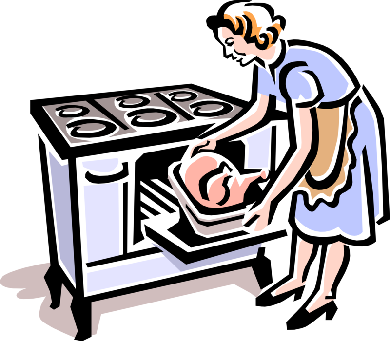 Vector Illustration of Mother Cooks Roast Turkey in Old Fire Heated Oven