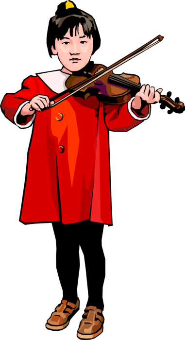 Vector Illustration of Young Girl Learns to Play the Violin Stringed Musical Instrument