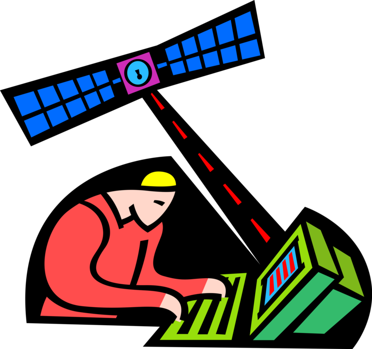 Vector Illustration of Computer Accessing Information via Space Satellite Communications