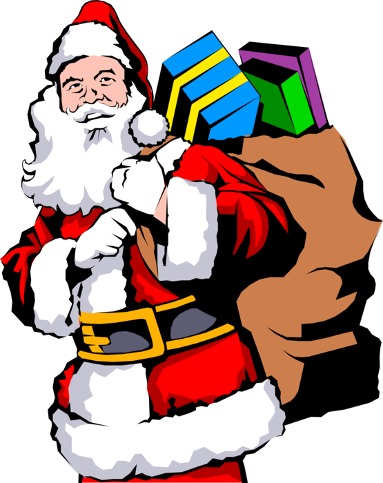 Vector Illustration of Santa Claus Carries Heavy Sack of Gifts and Presents