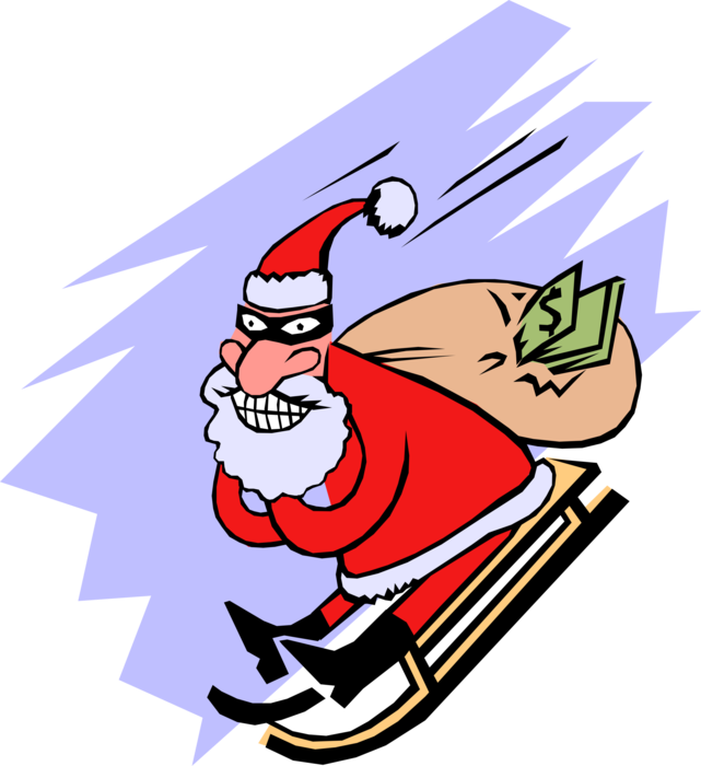 Vector Illustration of Crooked Santa Escapes on Toboggan with Bag of Cash Money Loot