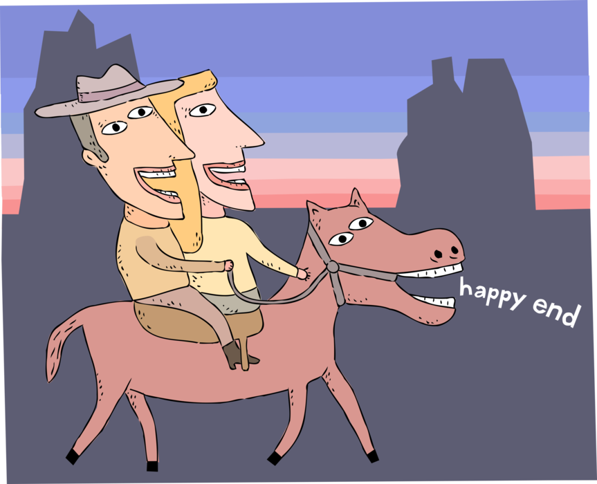 Vector Illustration of Film Stars with Happy Ending on Horseback