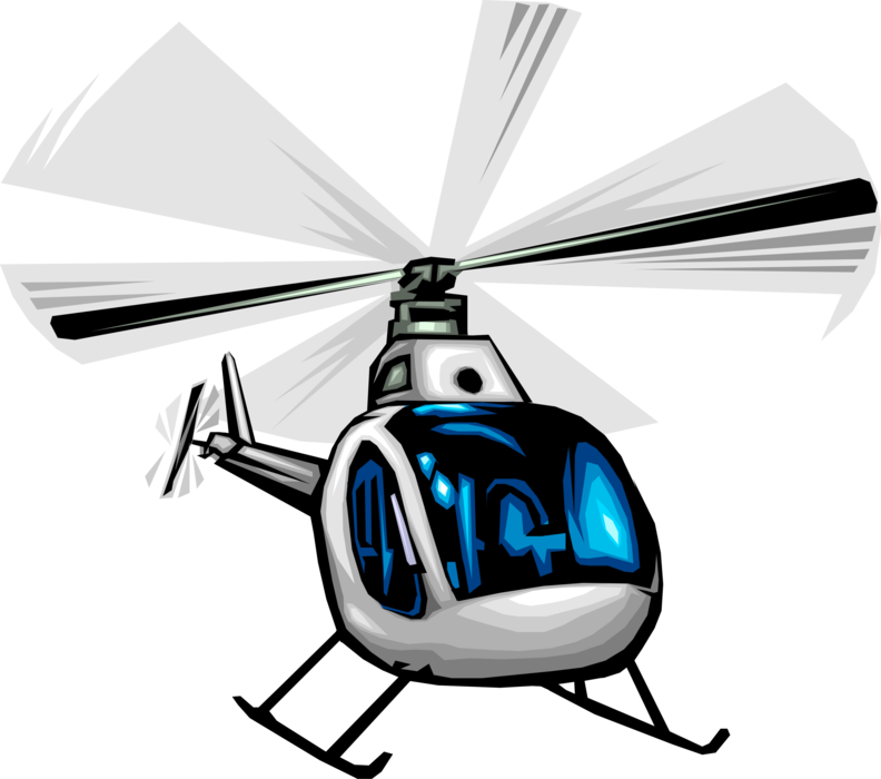 Vector Illustration of Helicopter Rotorcraft in Flight Applies Lift and Thrust Supplied by Rotors