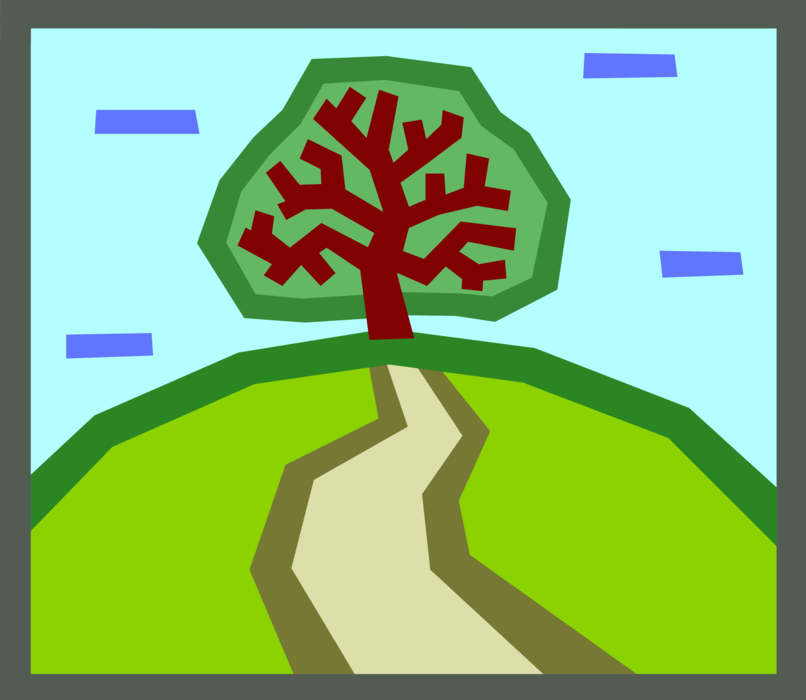 Vector Illustration of Hilltop Tree at End of Path or Road