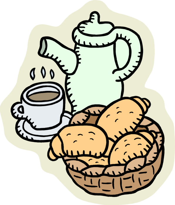 Vector Illustration of Morning Cup of Coffee with Basket of Fresh Baked Viennoiserie-Pastry Croissants