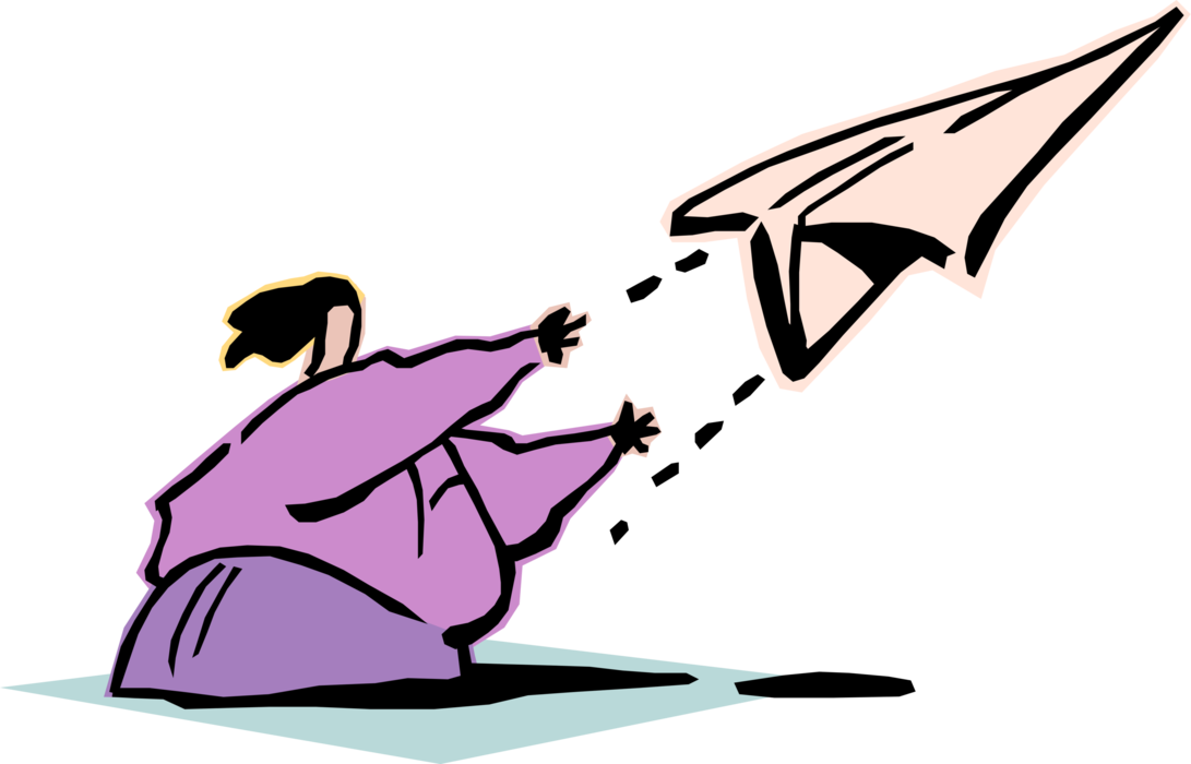 Vector Illustration of Businesswoman Throws Paper Airplane Aloft