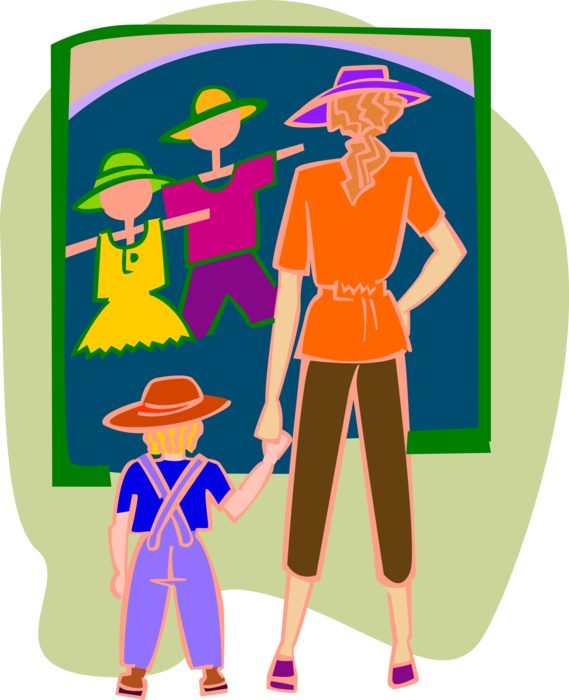 Vector Illustration of Mother and Child Looking at Clothing Store Window