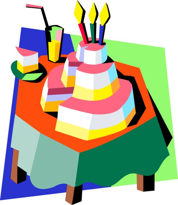 Vector Illustration of Dessert Pastry Birthday Cake on Table 
