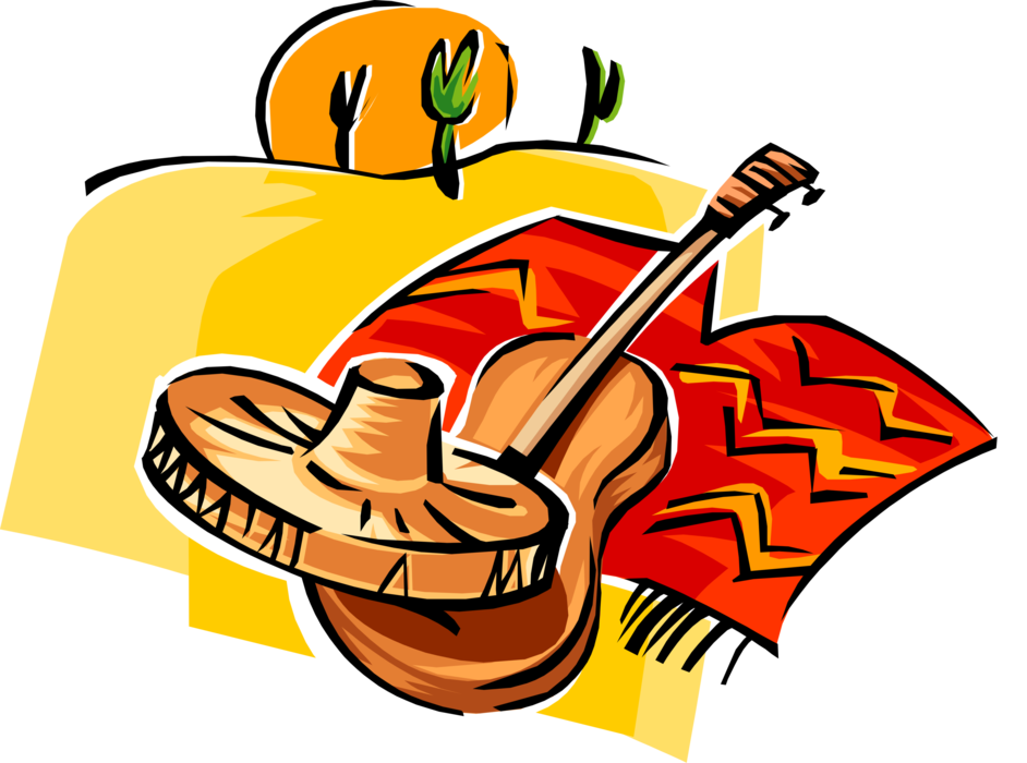 Vector Illustration of Mexico Sunset with Mexican Sombrero and Acoustic Guitar
