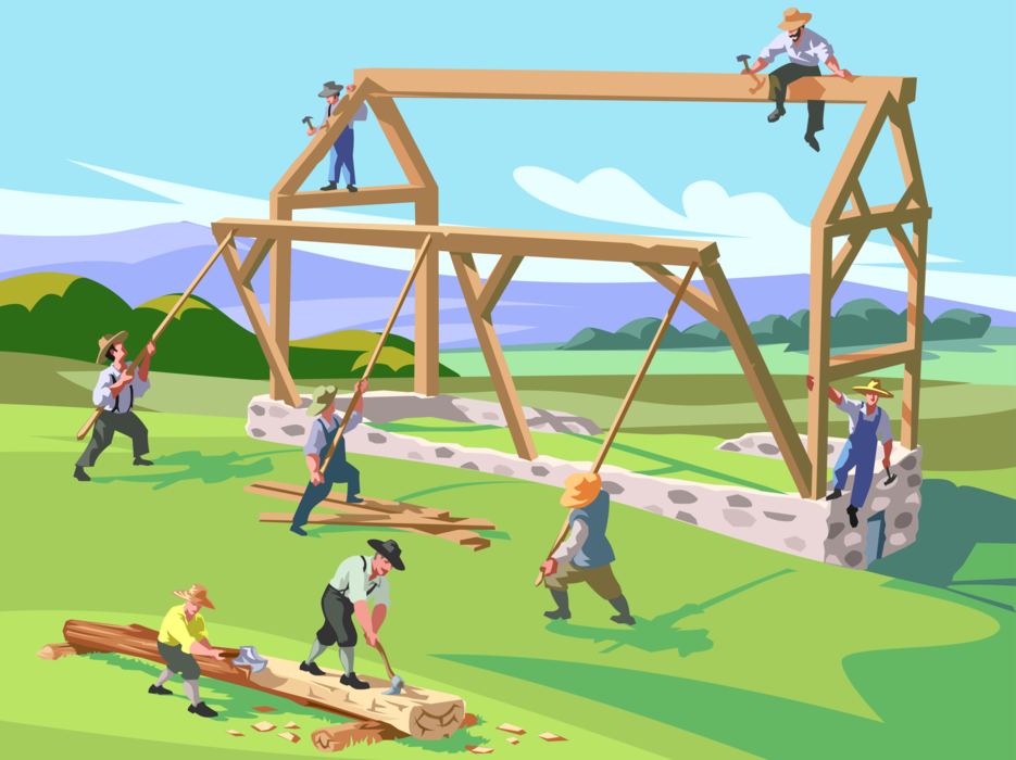 Vector Illustration of American Pioneer Settlers Work Together in Barn Raising on Family Homestead