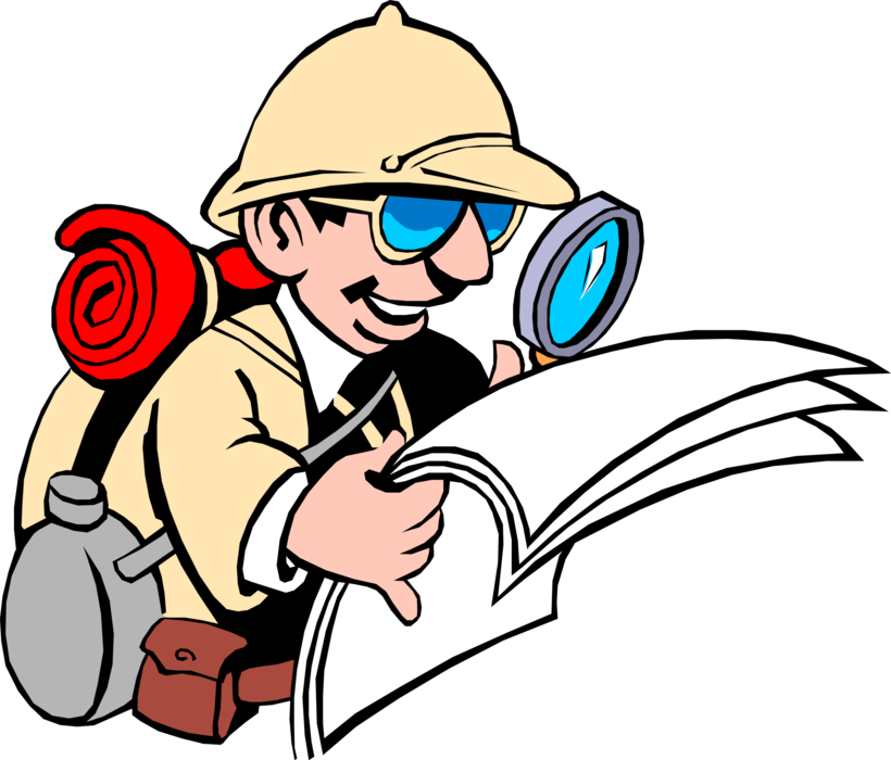 Vector Illustration of Male Safari Adventurer Carefully Studies His Map with Magnifying Glass