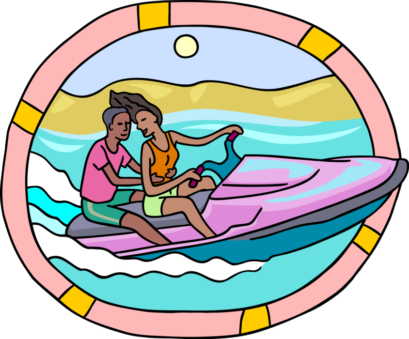 Vector Illustration of Two People Riding Personal Water Craft Jet Ski Sea-Doo