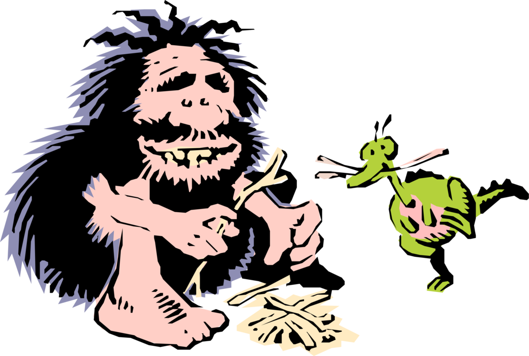 Vector Illustration of Prehistoric Neanderthal Stone Age Caveman Preparing Fire with Dinosaur