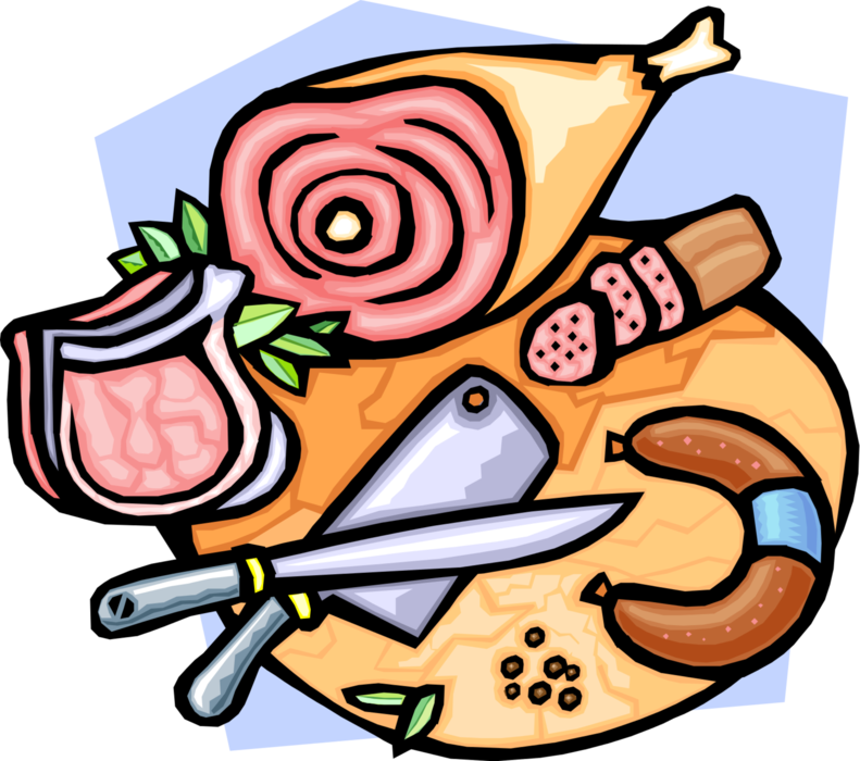 Vector Illustration of Butcher's Block with Various Fresh Meat Products
