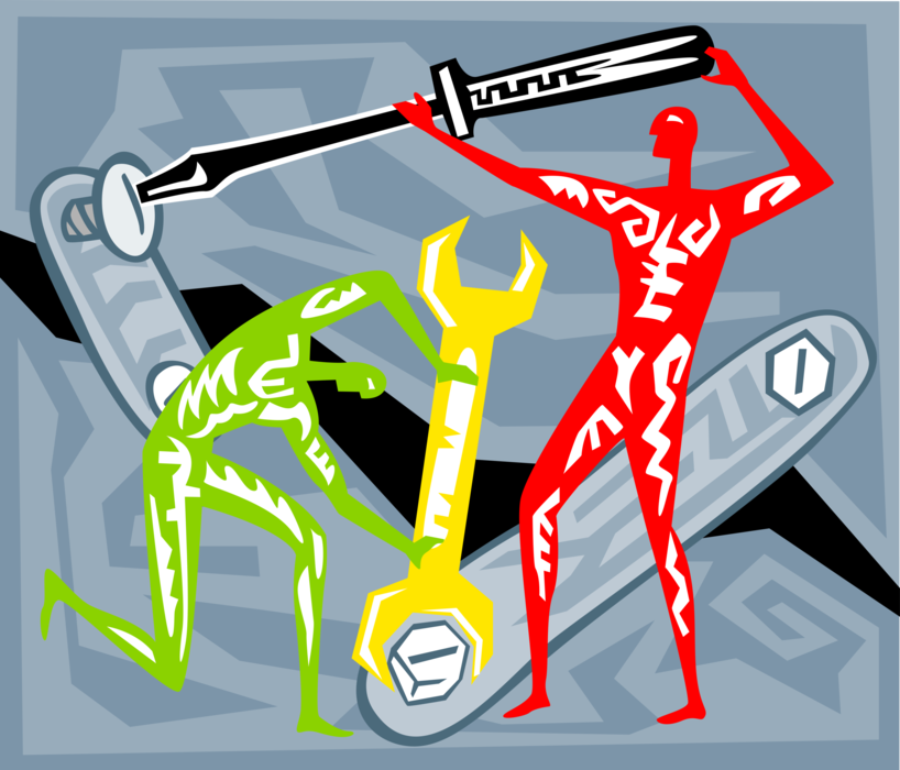 Vector Illustration of Turning Screws and Tightening Bolts with Screwdriver and Wrench