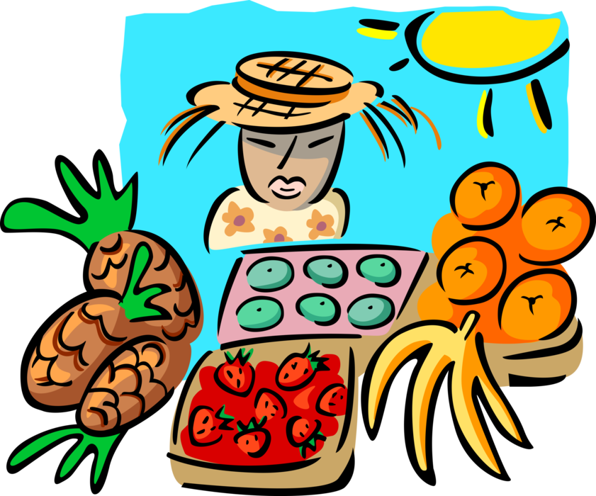 Vector Illustration of Outdoor Fresh Food Market Vendor with Pineapples Strawberries, Bananas and Oranges