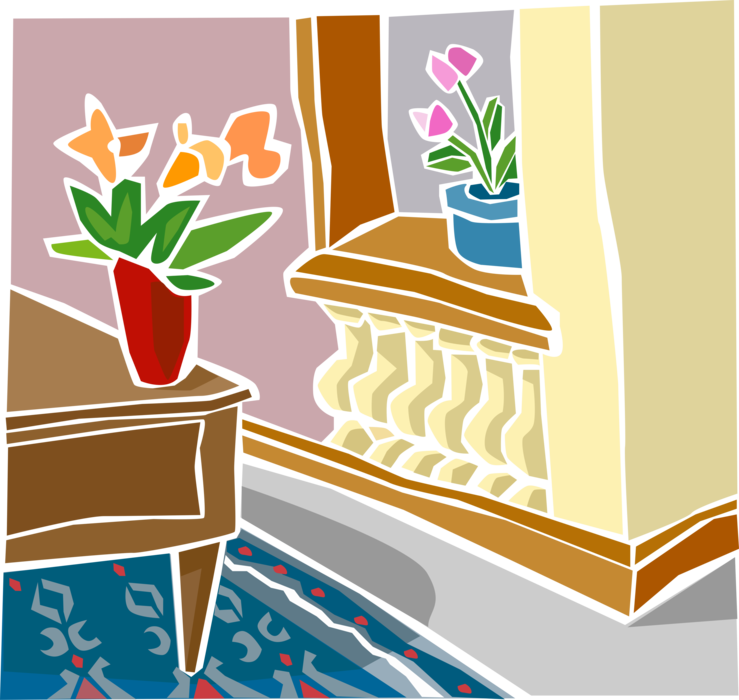 Vector Illustration of House Interior with Piano and Potted Plant