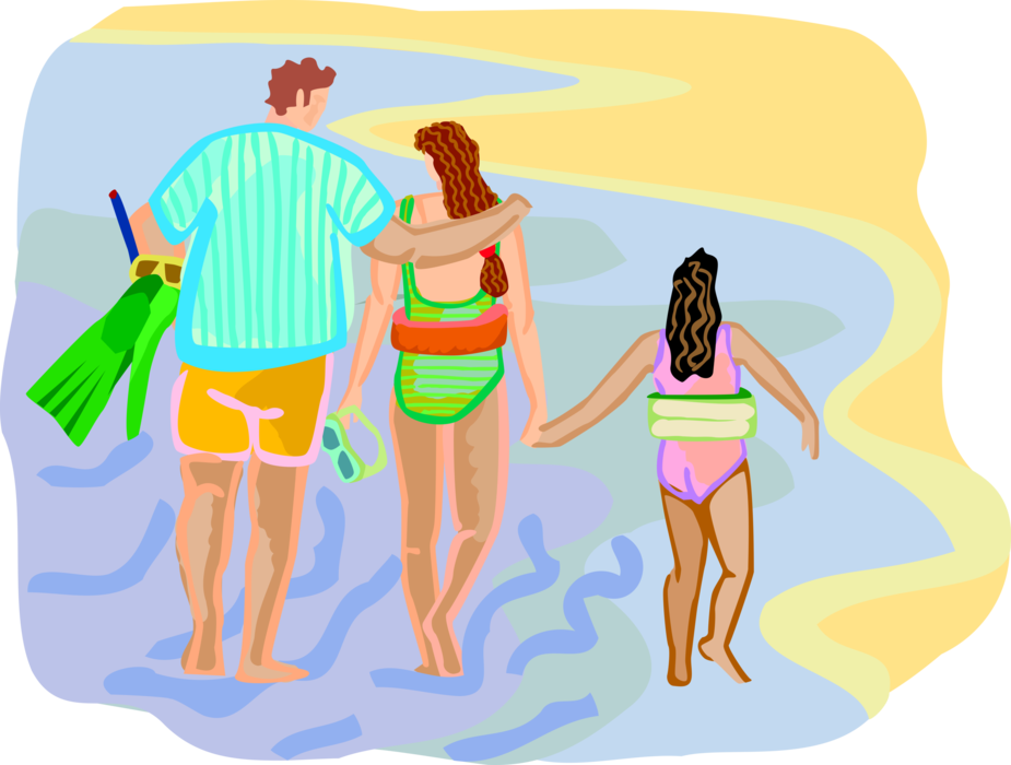 Vector Illustration of Family Beach Vacation Swimmers Walking on the Beach