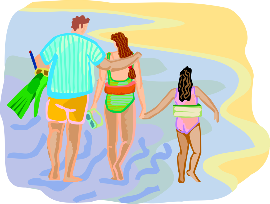 Vector Illustration of Family Beach Vacation Swimmers Walking on the Beach