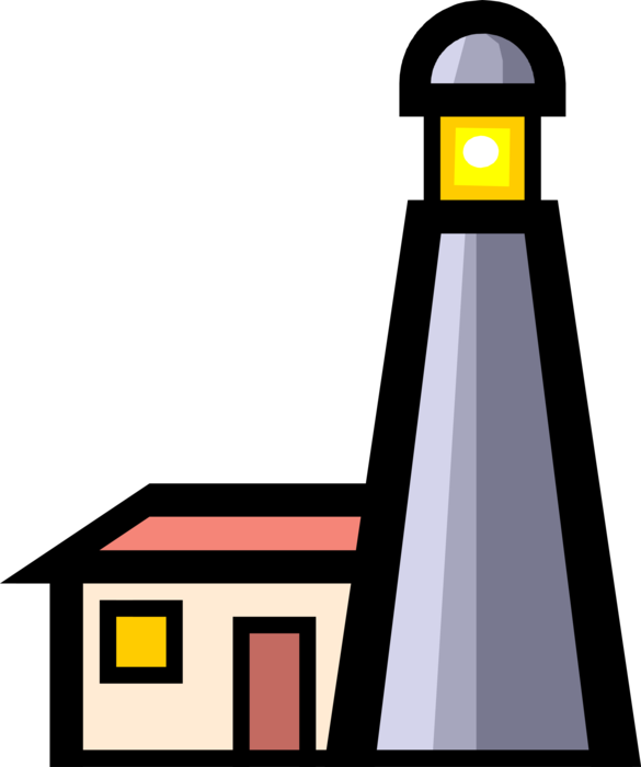 Vector Illustration of Lighthouse Beacon Emits Light as Navigational Aid for Maritime Vessels