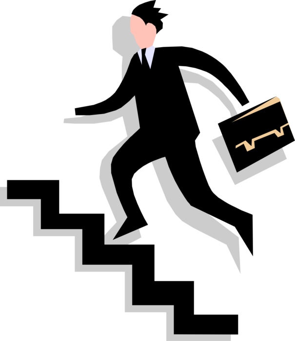 Vector Illustration of Businessman Hurries Up Stairs with Briefcase