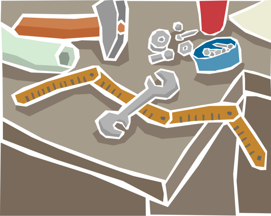 Vector Illustration of Workbench Tools with Wrench, Hammer and Nails