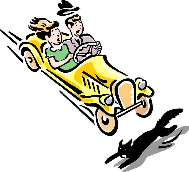 Vector Illustration of Classic Convertible Car About to Hit Black Cat Crossing Road
