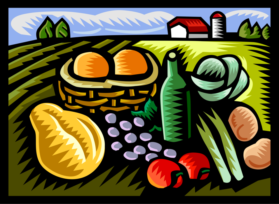 Vector Illustration of Summer Picnic Fresh Fruits and Vegetables in Rural Country