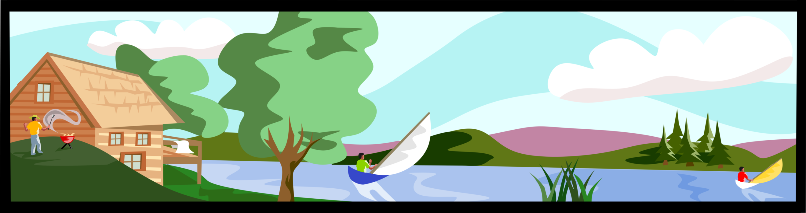 Vector Illustration of Summer Cottage Scene with Lake and Sailboats