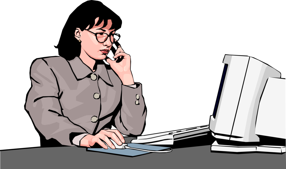 Vector Illustration of Woman in the Workplace Working at Office Desk with Computer