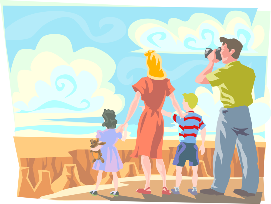 Vector Illustration of Family on Summer Vacation Tour of the Grand Canyon