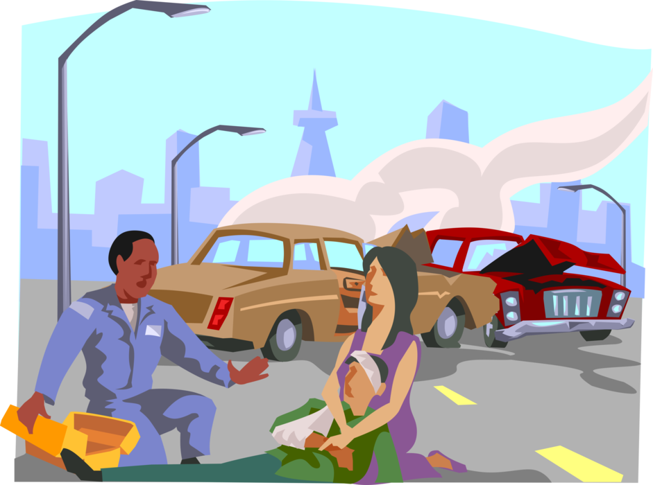 Vector Illustration of Automobile Accident with Victims with Ambulance Paramedic on Scene